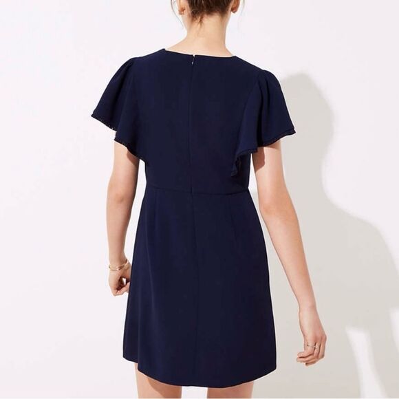 LOFT Fringe Trimmed Flutter Sleeve Dress in Navy - Picture 3 of 11